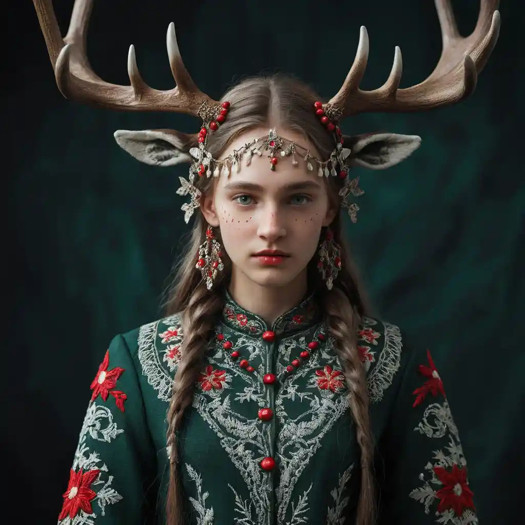 A fantasy girl with moose horns leans against an ancient oak tree