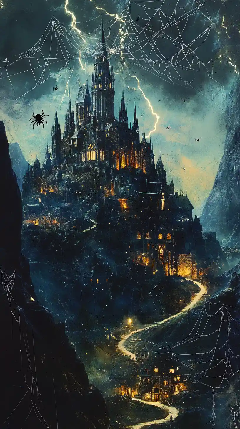 A gothic castle glows above stormy mountains in a dramatic painting