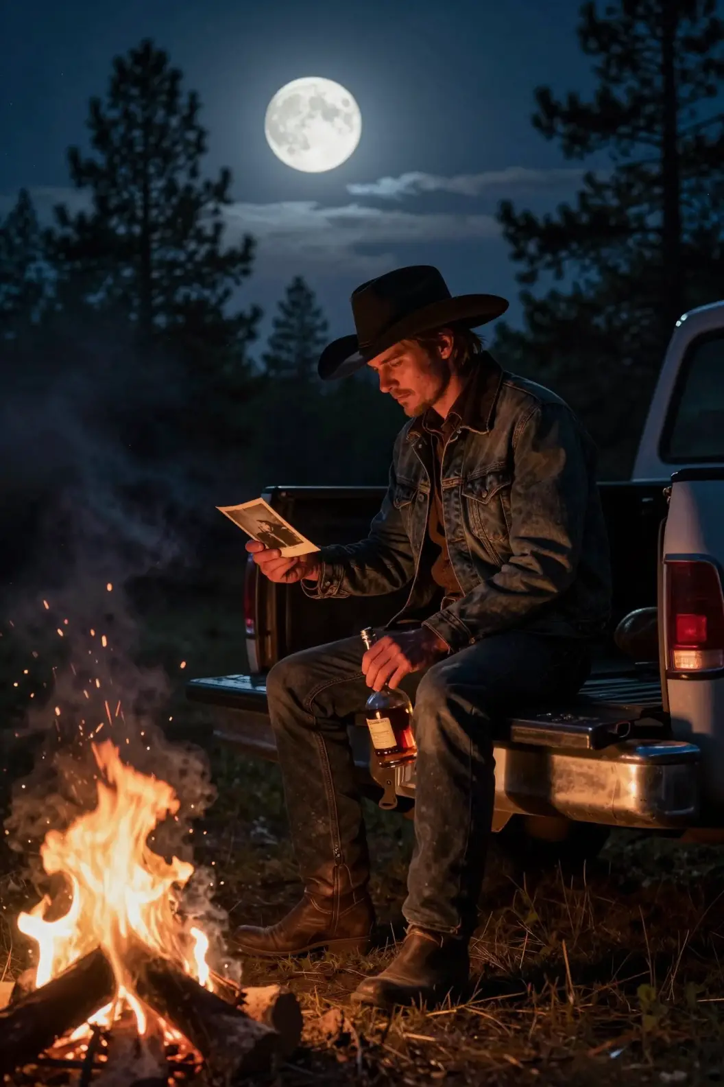 A lone cowboy sits beside a campfire in a pine forest