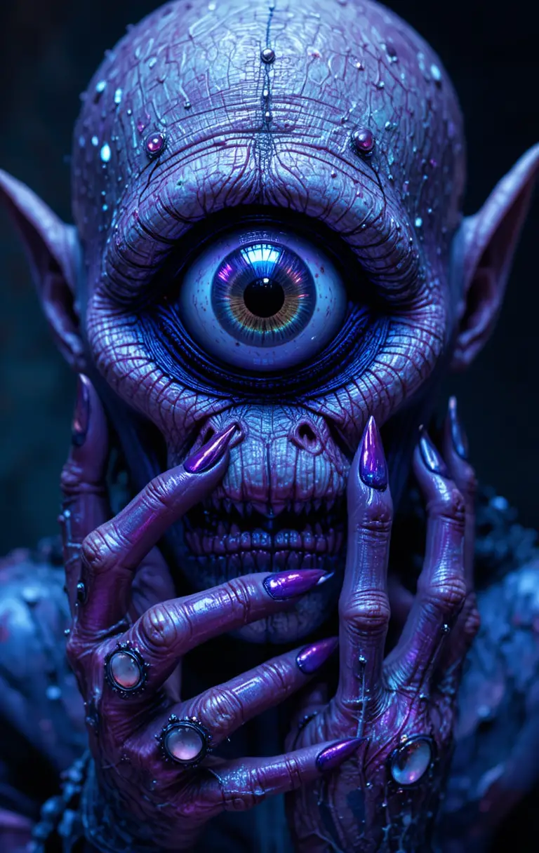 Una criatura de terror rococó con un ojo enorme y saliente y uñas afiladas