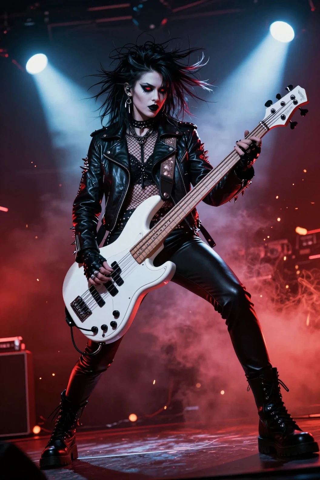 Una bassista punk rock domina un palco avvolto dal fumo sotto abbaglianti riflettori
