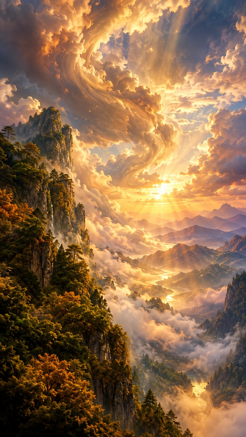 Golden light and towering mountains rise above a misty valley
