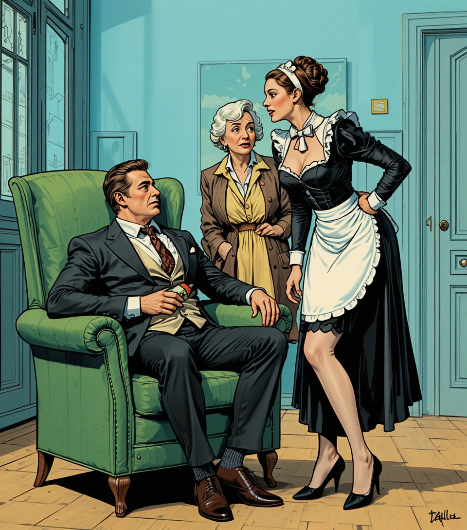 A surprised maid leans toward a man in a green armchair
