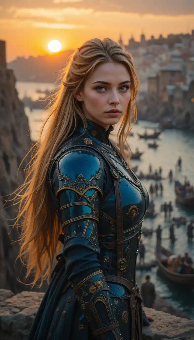 A warrior queen overlooks a medieval harbor from a cliffside battlement at dusk
