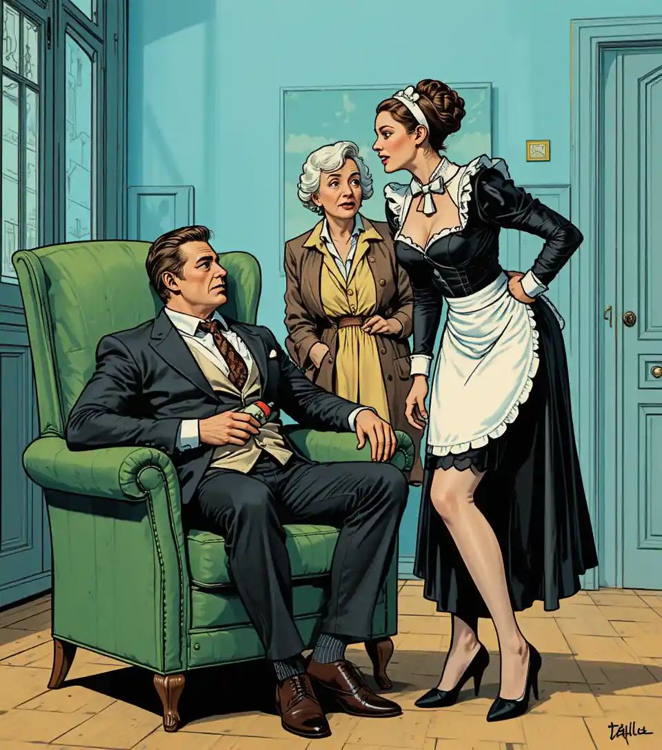 A surprised maid leans toward a man in a green armchair