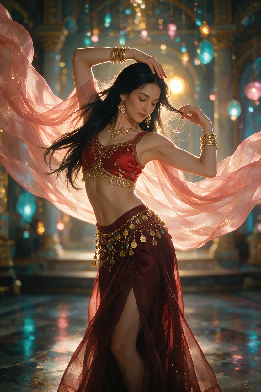 An adult dancer holds a graceful pose in a luminous palace interior