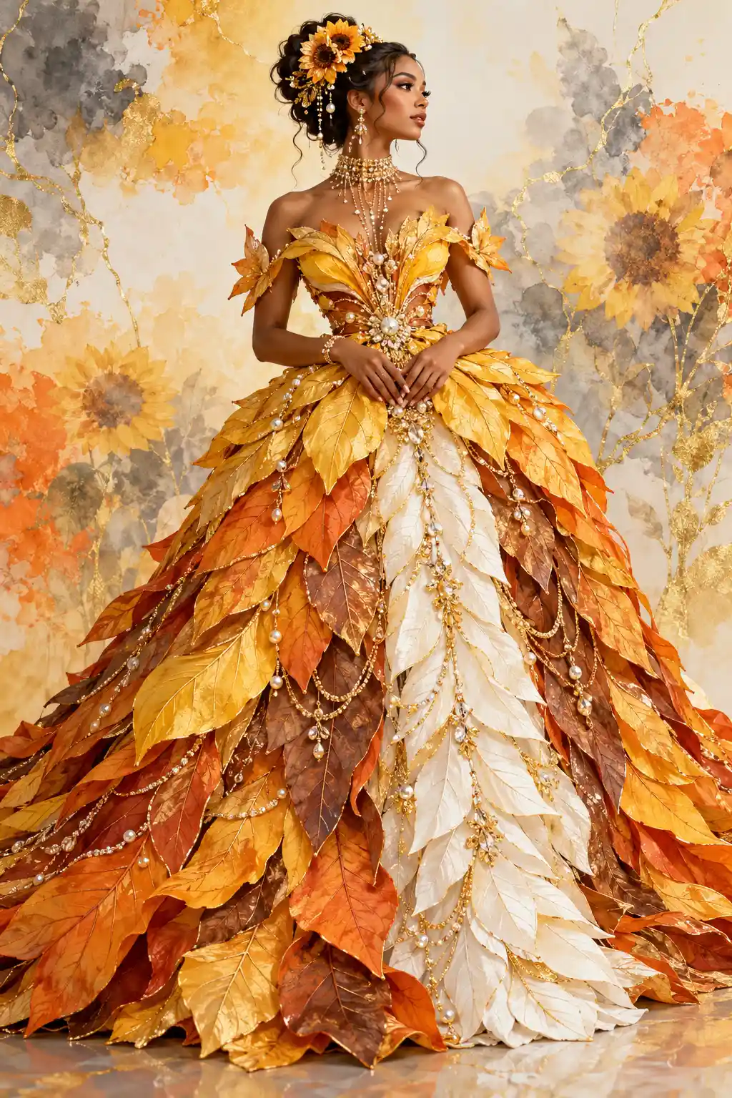 A Woman in a Leaf Ball Gown Looks Toward the Side