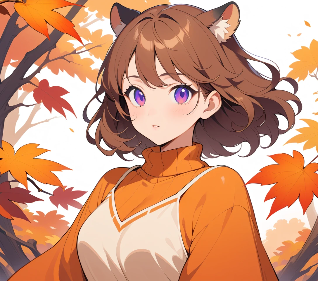 Donna con orecchie da tigre in stile anime tra le foglie autunnali, con un maglione arancione