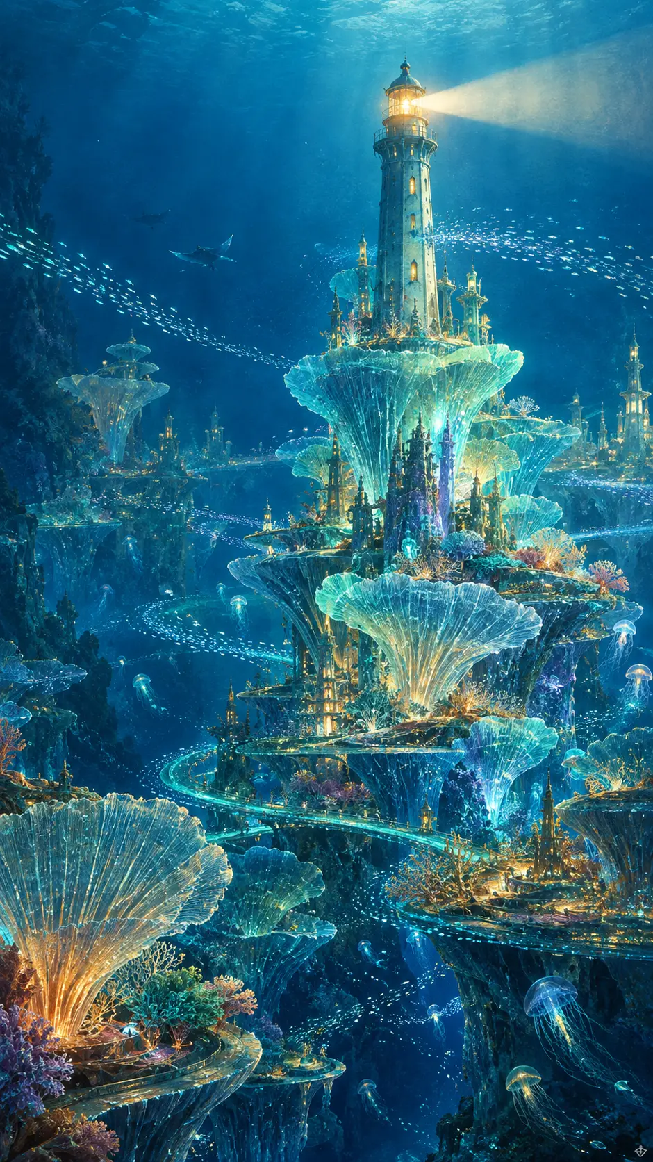 An underwater lighthouse rising above a vast coral reef city