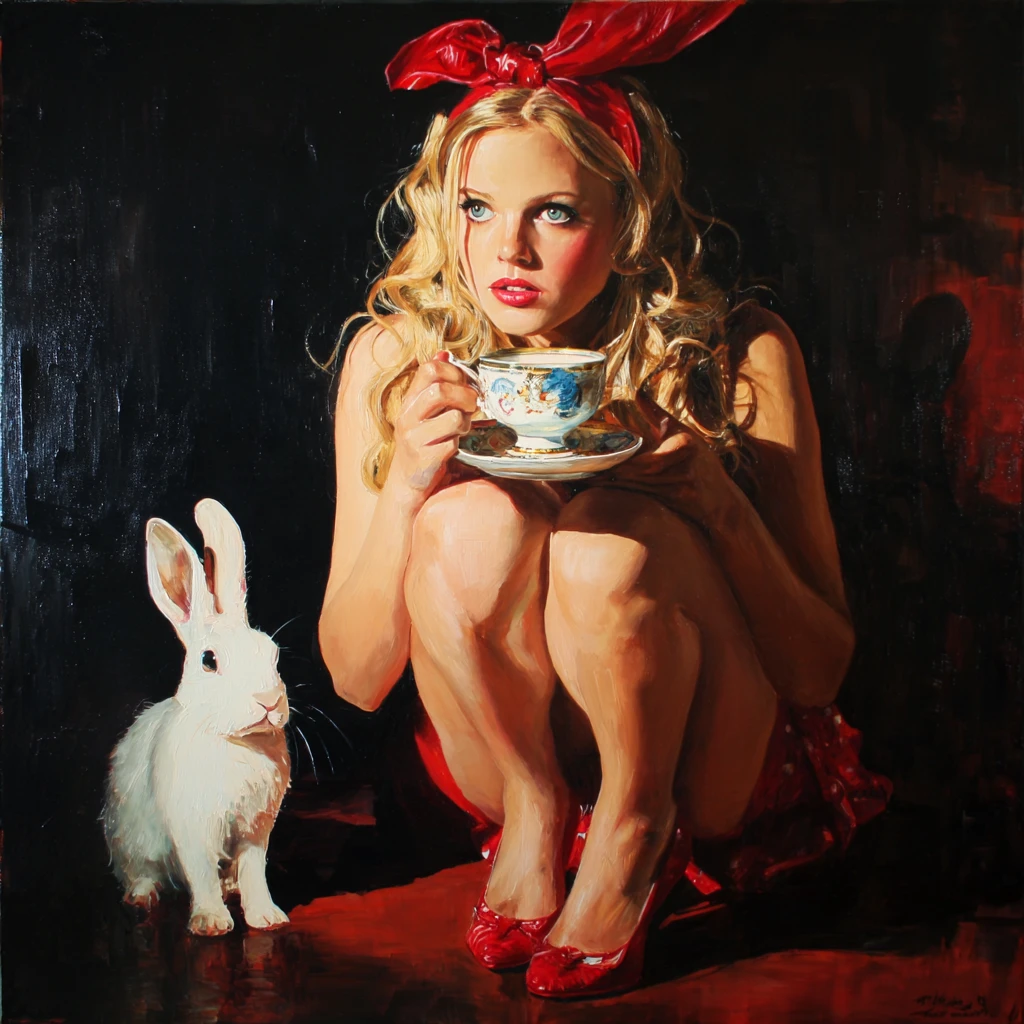 A retro fantasy woman shares tea with a white rabbit