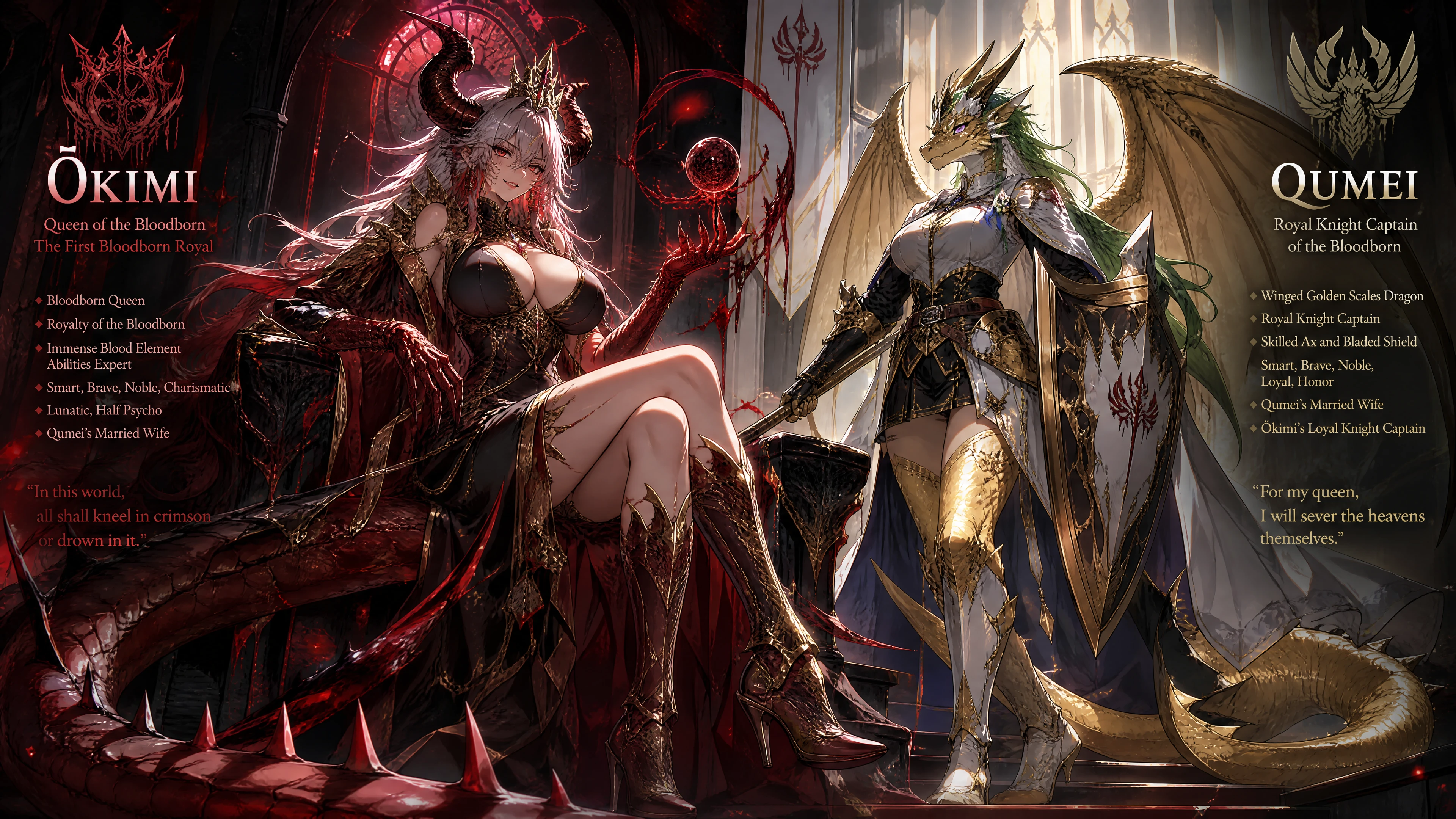 A crimson-haired dragon queen with horns, scarlet eyes, and a spiked tail