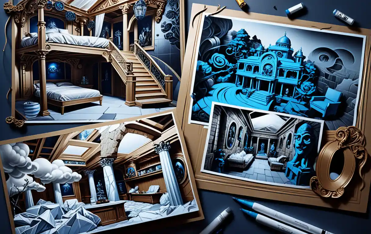 A Furnished Greek Cloud Palace Diorama With Interior and Exterior Views