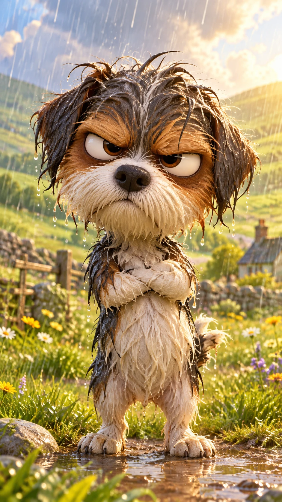 A grumpy soaked bobtail dog crosses his arms in a rainy meadow
