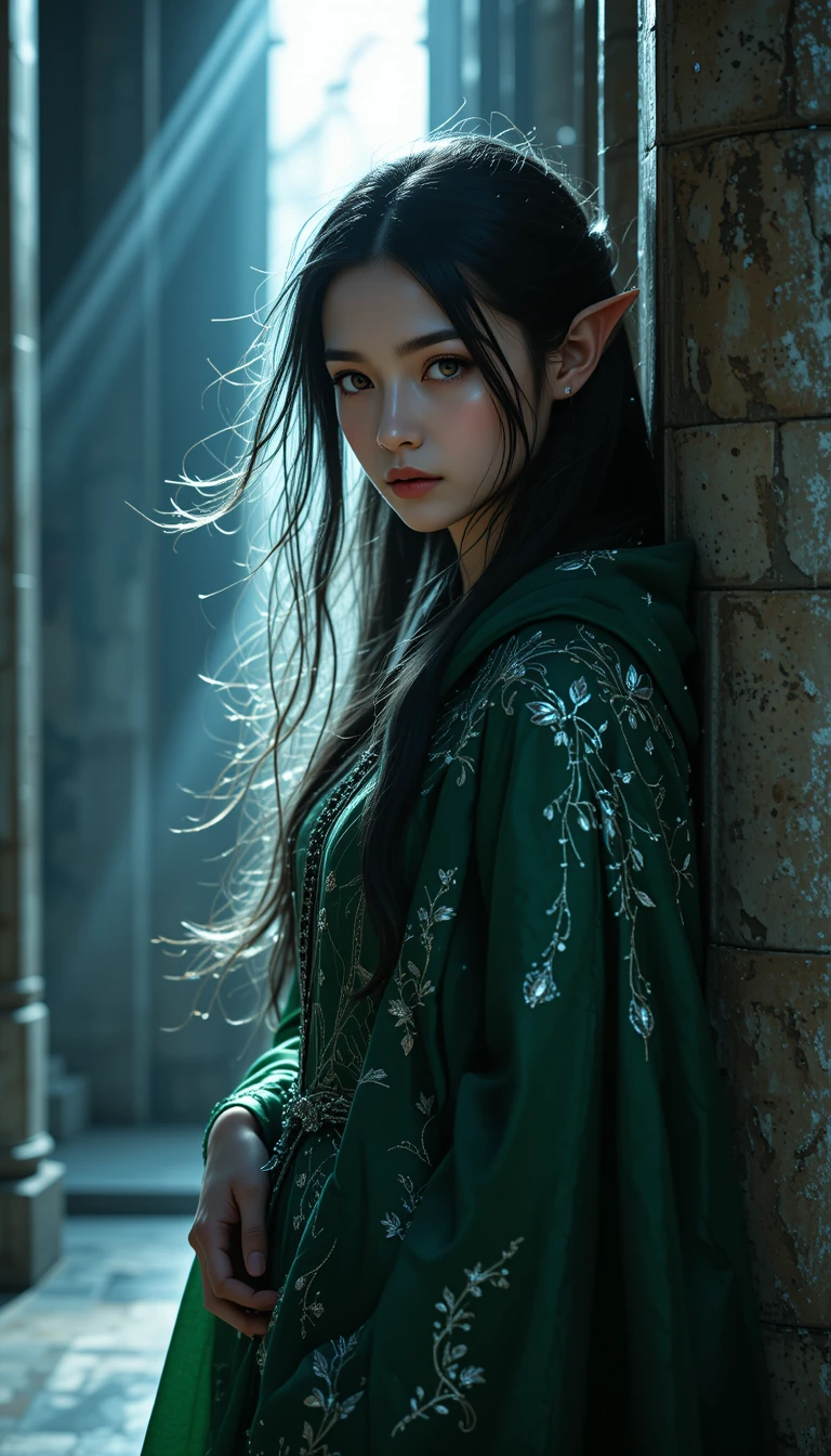 An elven archer stands poised in a moonlit hallway