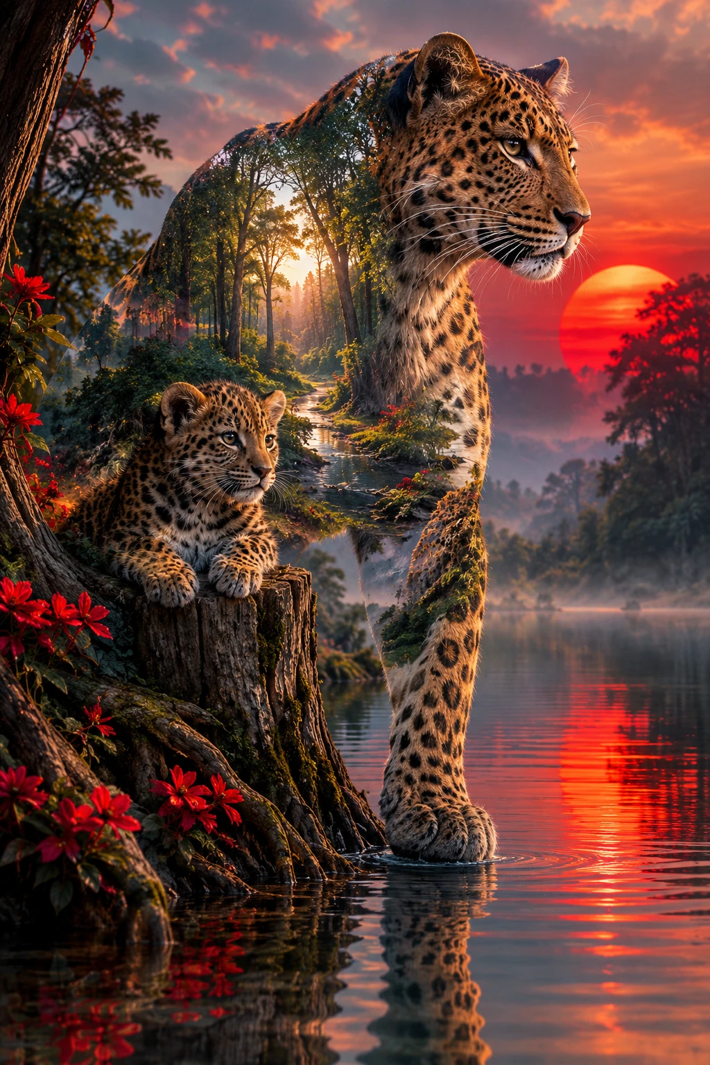 Um leopardo e sua cria passeiam por um lago tranquilo na floresta