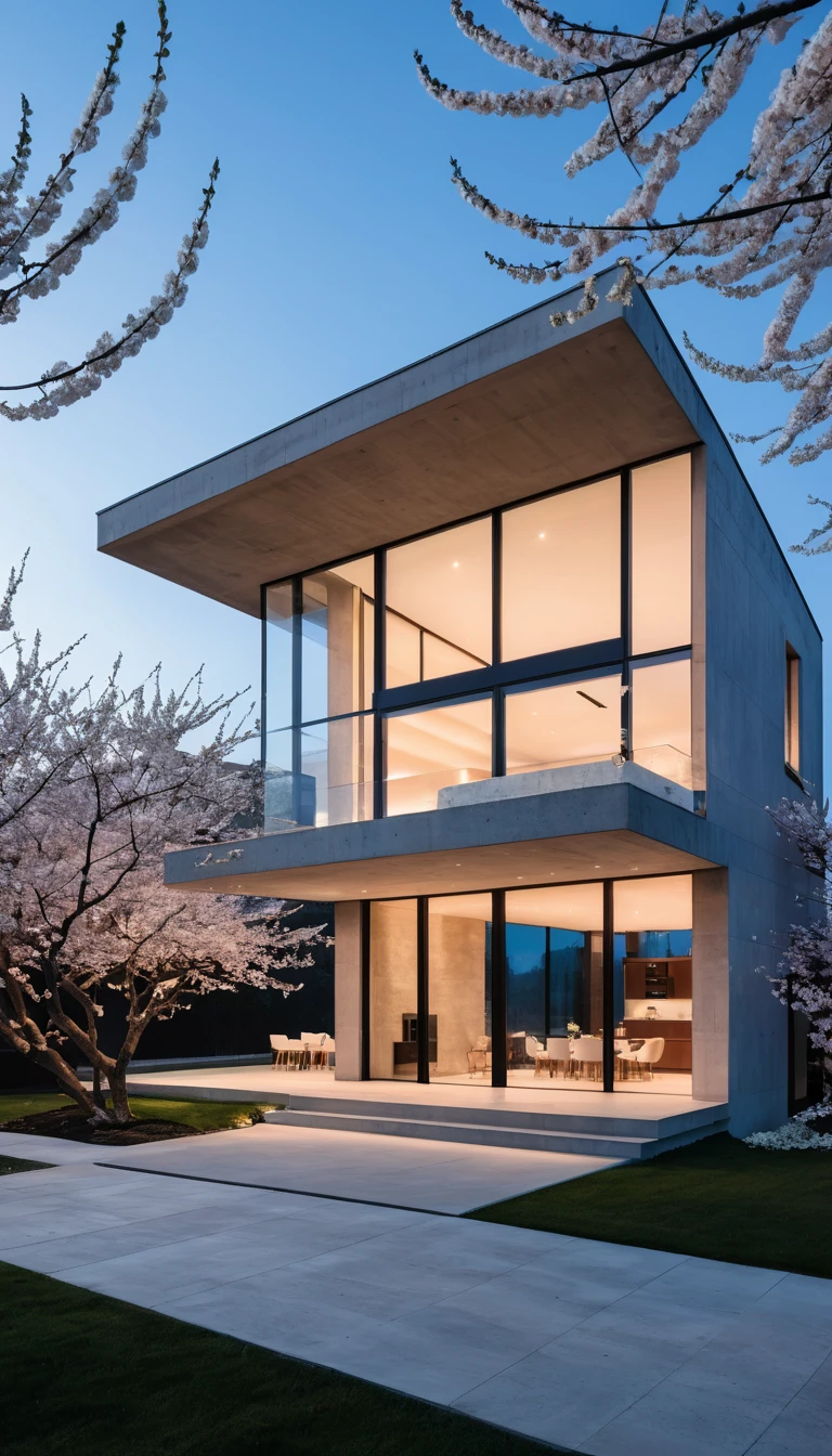 A modern concrete house with a cantilevered floor at dusk