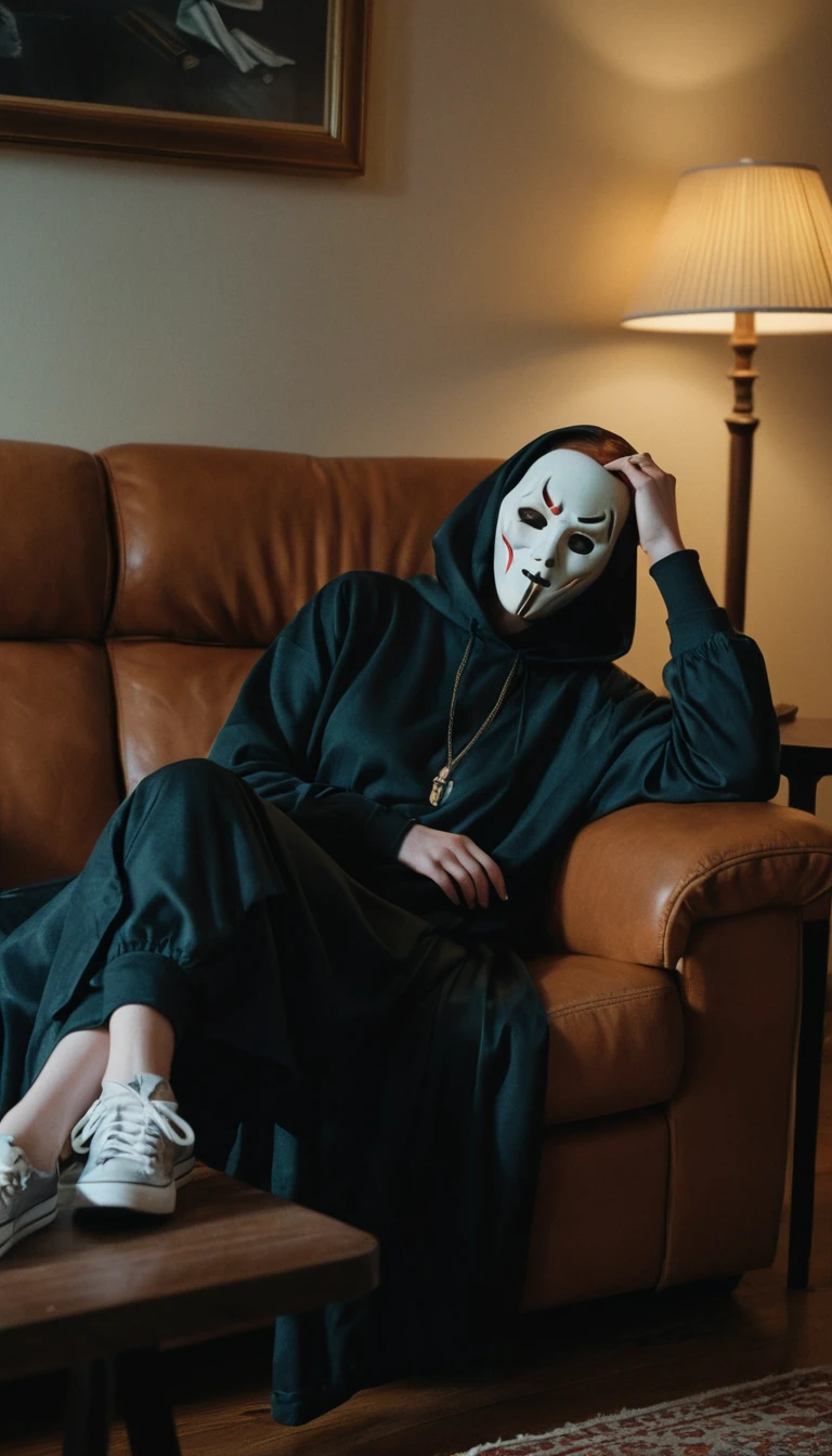 A young woman rests her head on Ghostface's knee on a sofa