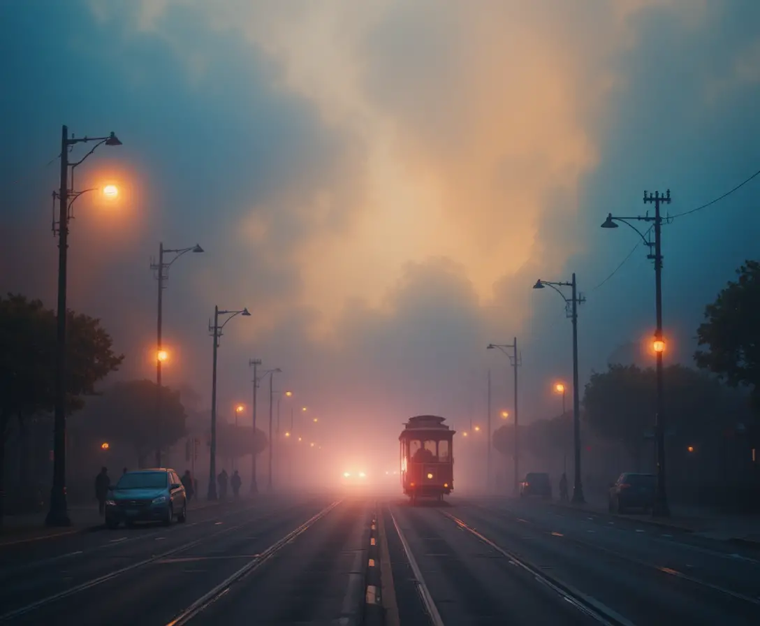 Una calle de la ciudad desaparece bajo una niebla arcoíris que avanza lentamente