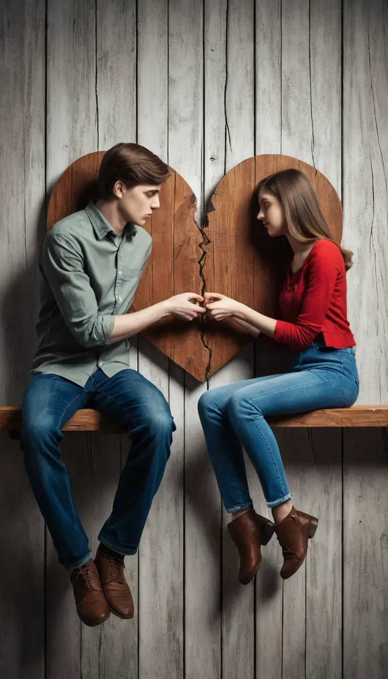 A young woman pushes a cracked wooden heart toward a seated man