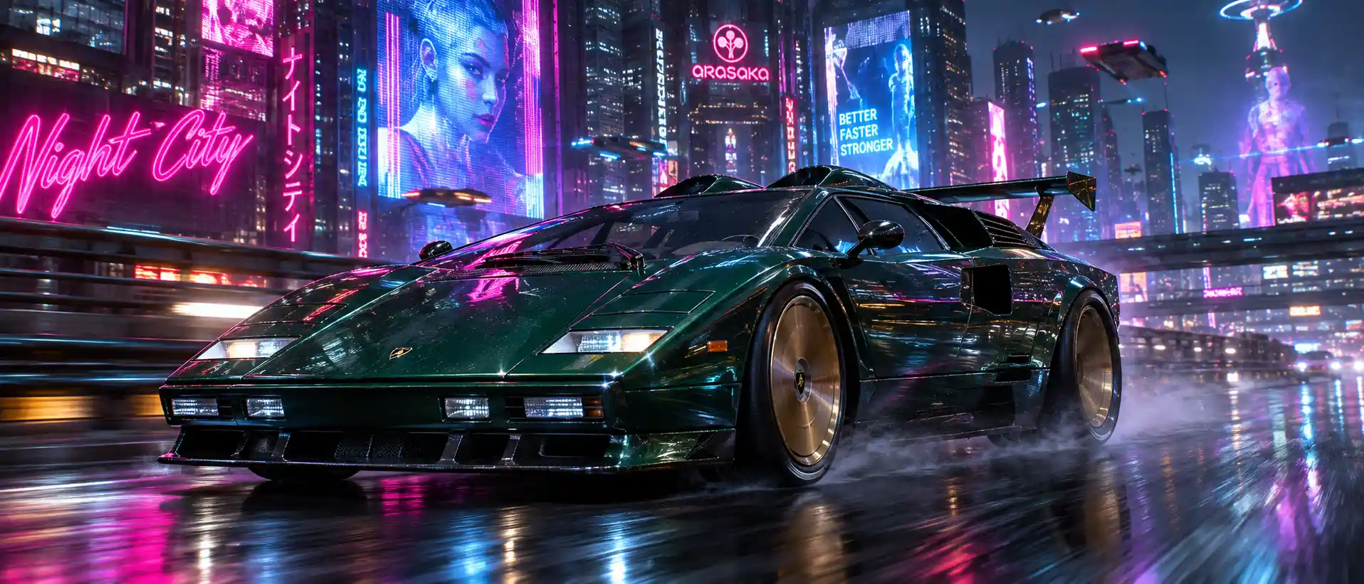 A green sports car speeds along a rain-slicked neon highway at night