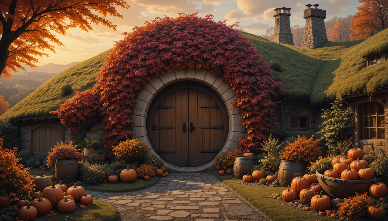 A hobbit house framed by crimson ivy in an autumn garden