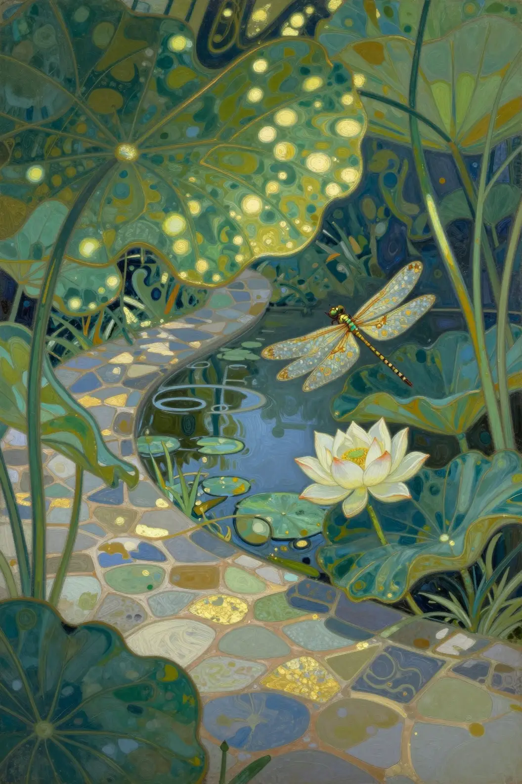 Una libélula se posa sobre un loto en un jardín art nouveau