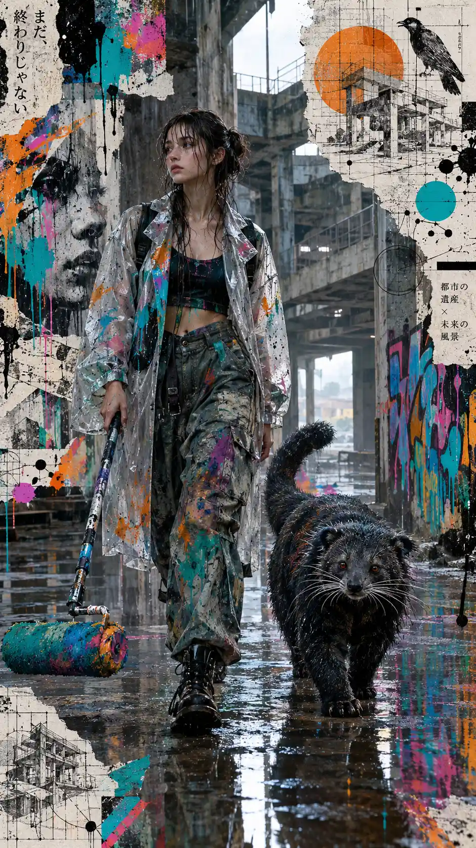 A young woman walks through an abandoned concrete structure in the rain