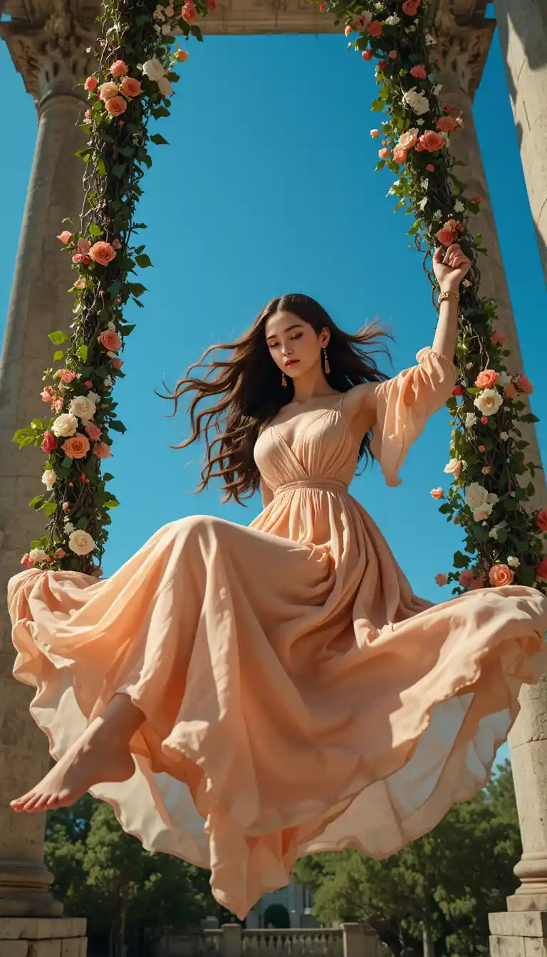 A young woman rides a floral swing beneath weathered stone columns