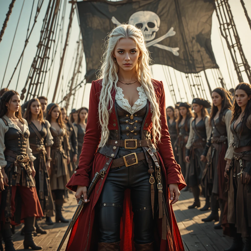 White-haired pirate captain standing on a wooden ship deck