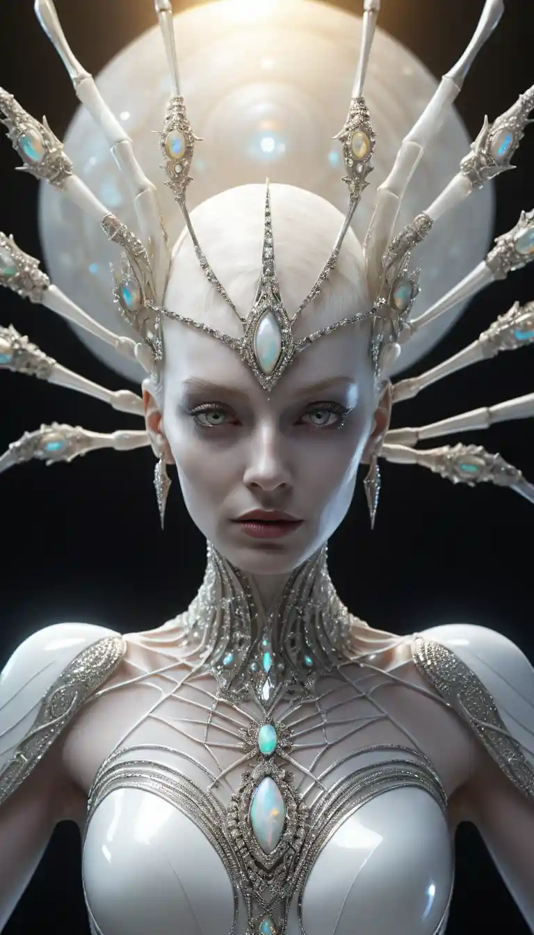 A queen of white spiders wears a diamond crown above white sands