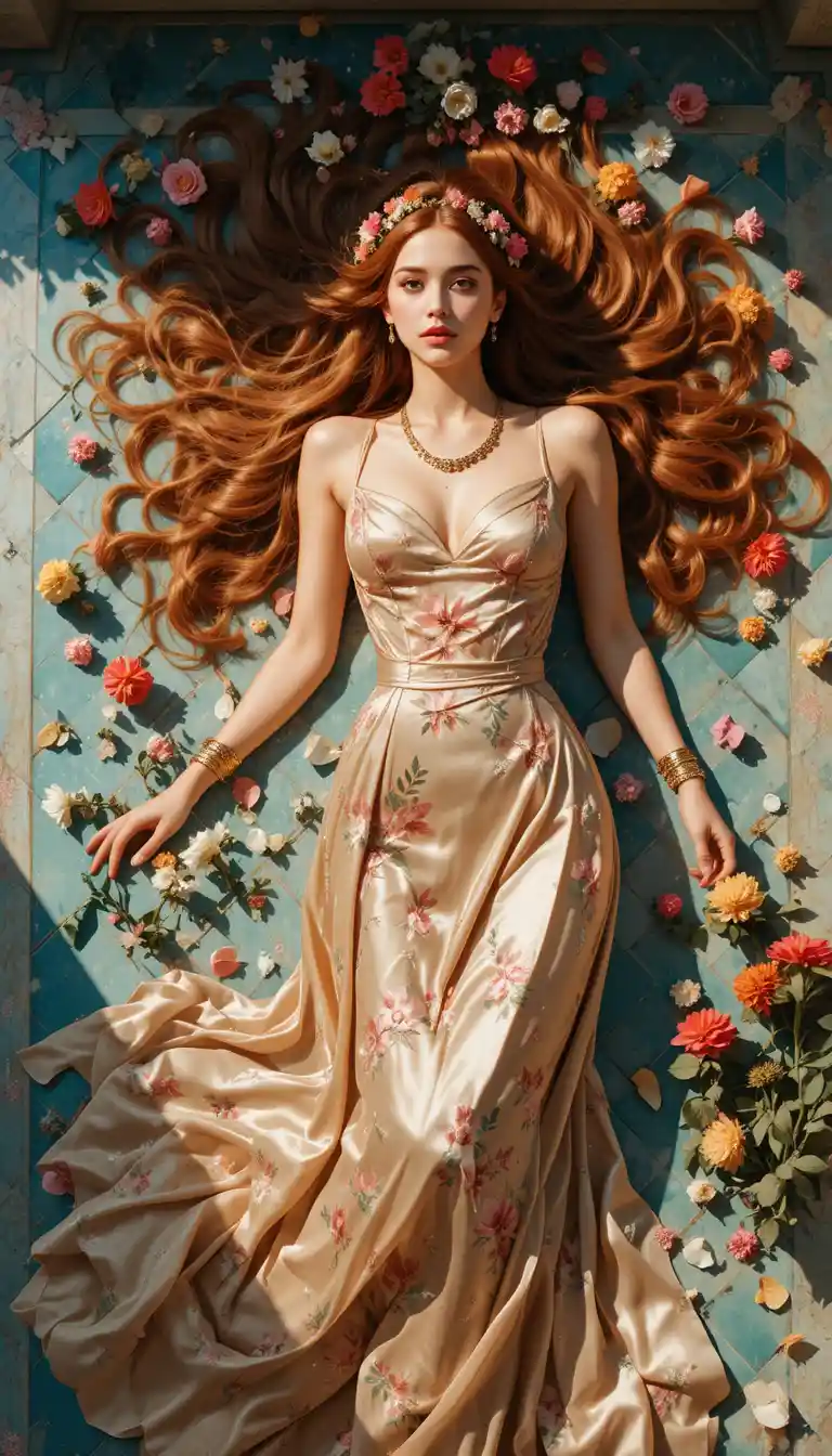 A young woman reclines across a turquoise mosaic floor among flowers