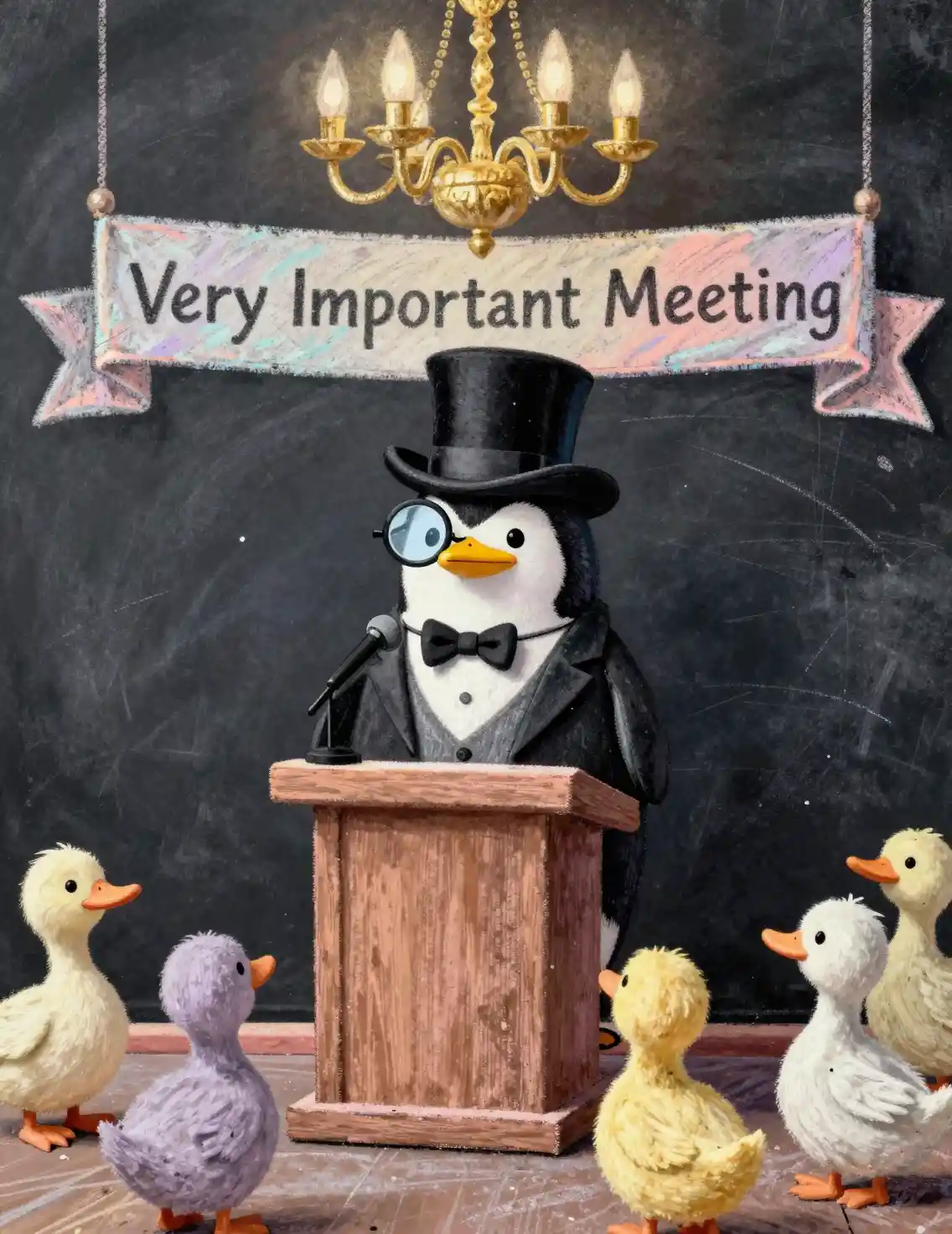 A tiny penguin in an oversized tuxedo and top hat speaks
