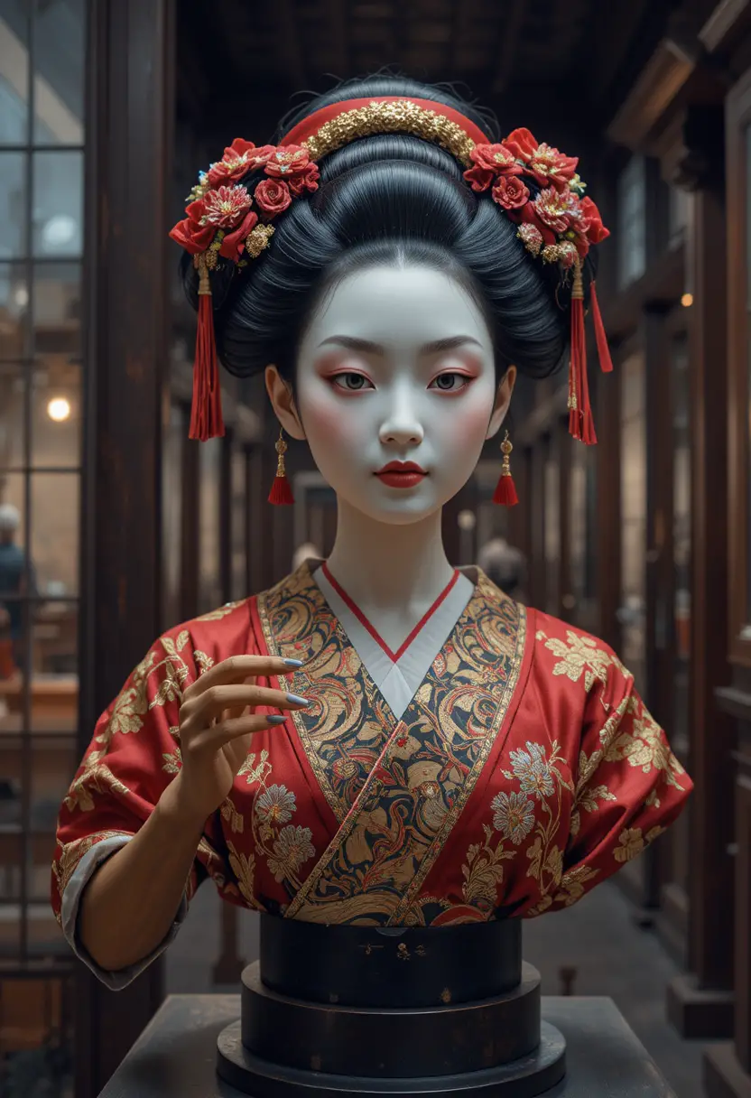 A Japanese Bunraku Puppet Bust in a Museum Case