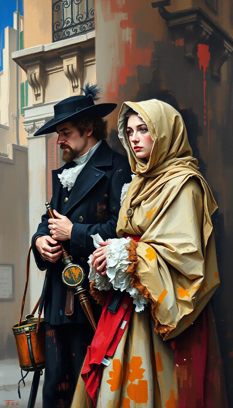 A family arrives by carriage on a busy seventeenth-century Paris street