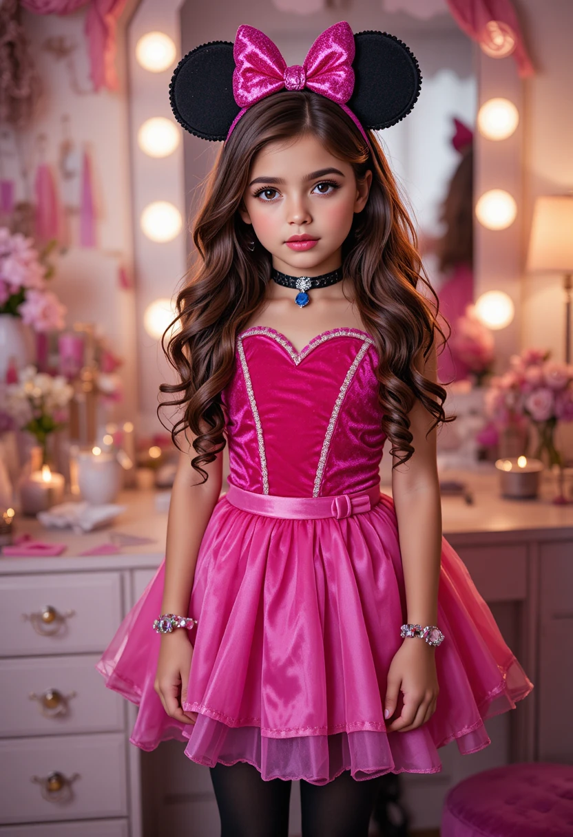 A nervous boy pouts before a vanity in a princess costume