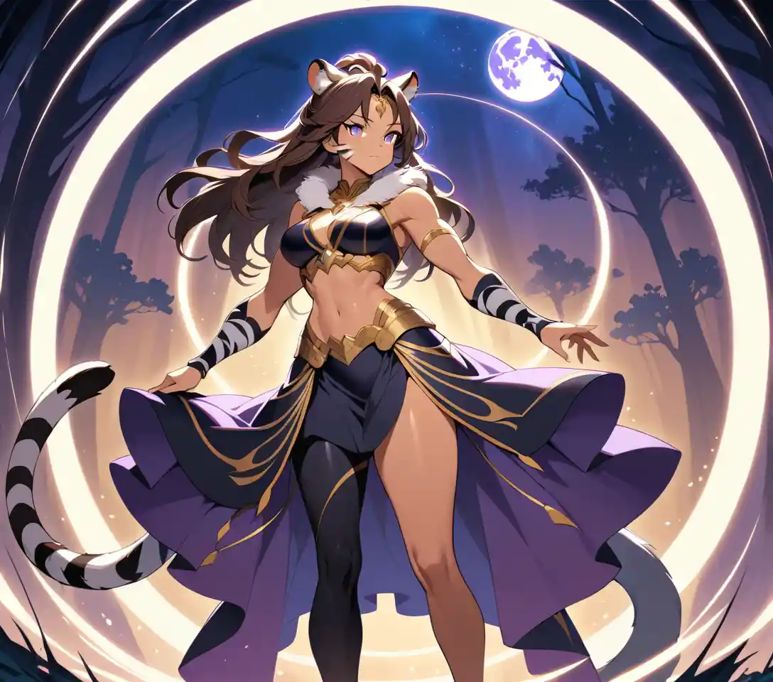 Anime Tiger Hybrid Woman Stands Beneath a Glowing Full Moon