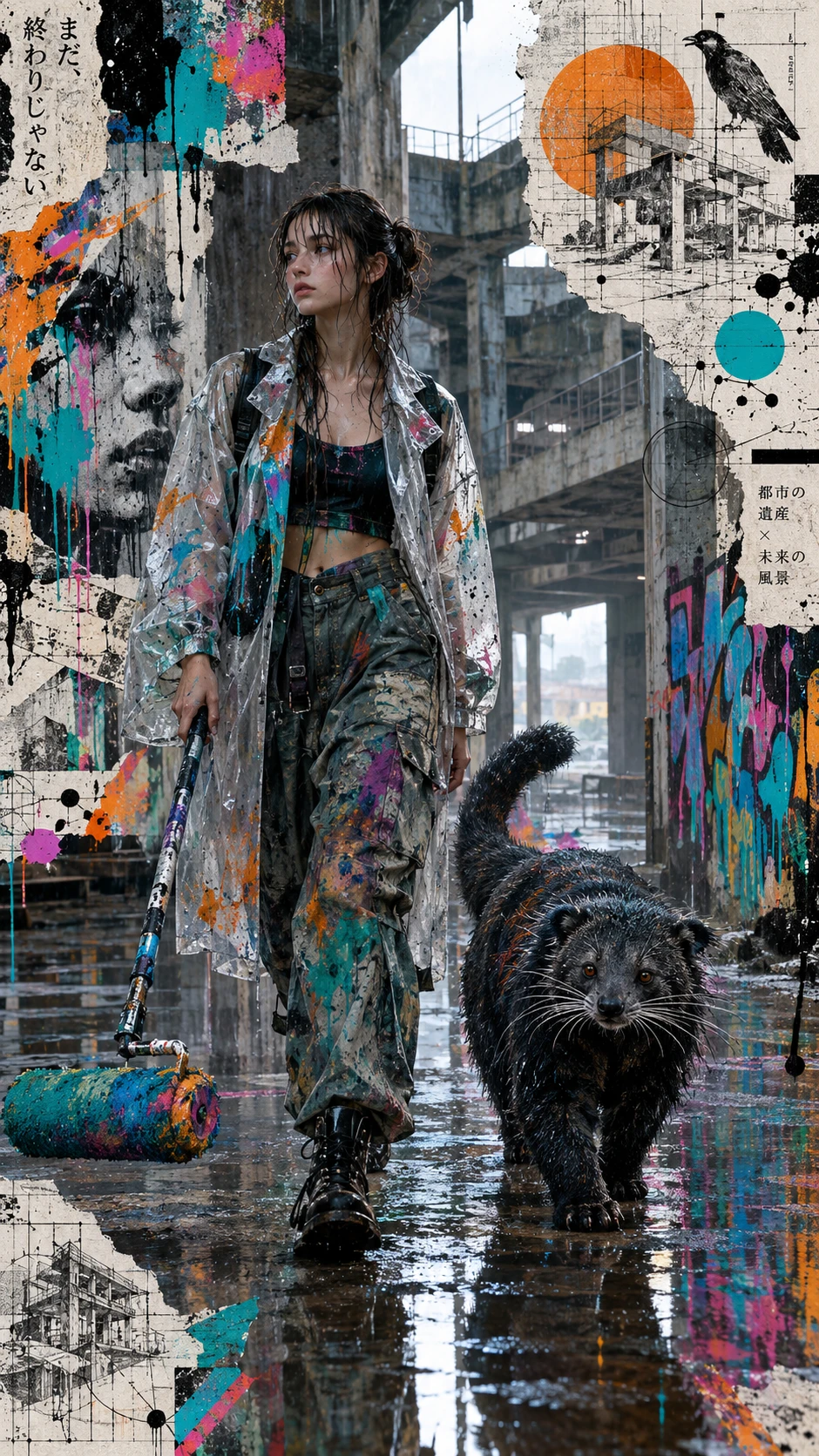 A young woman walks through an abandoned concrete structure in the rain