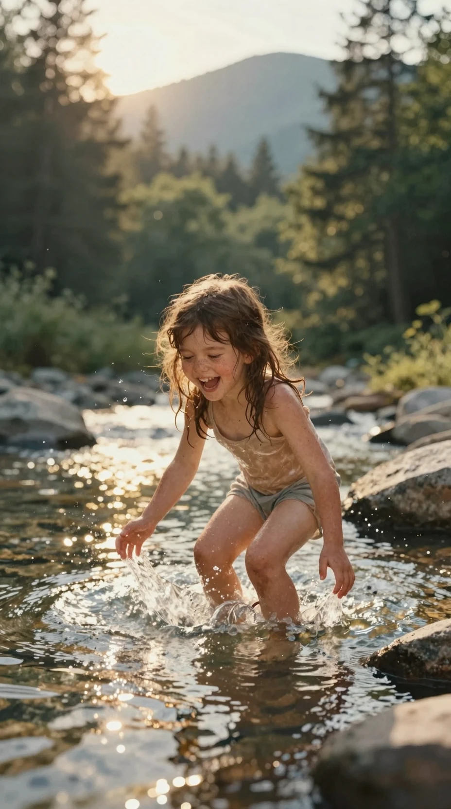 A freckled girl laughs while playing in clear forest water