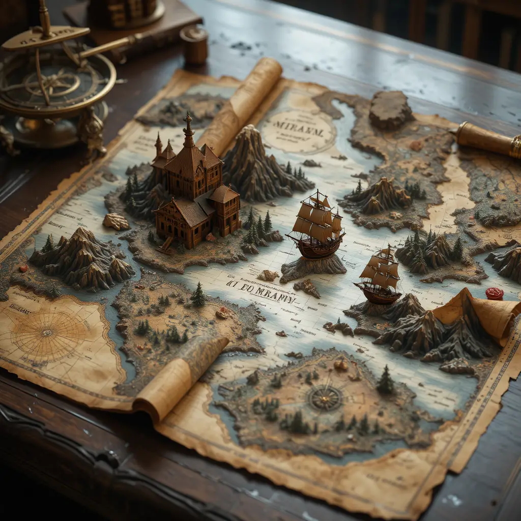 An antique relief map unfolds across a carved mahogany desk