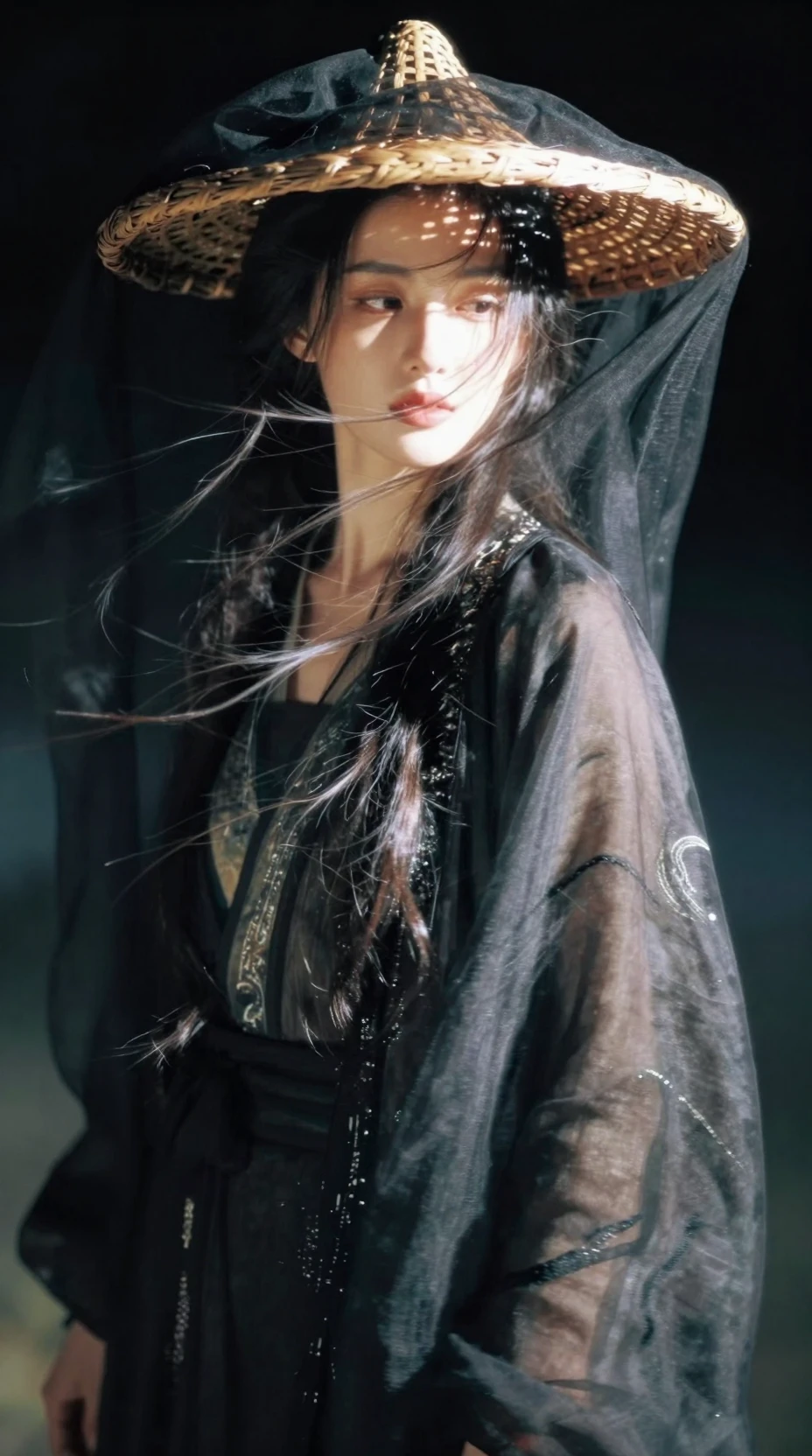 An elegant woman in a veiled traveler hat gazes downward