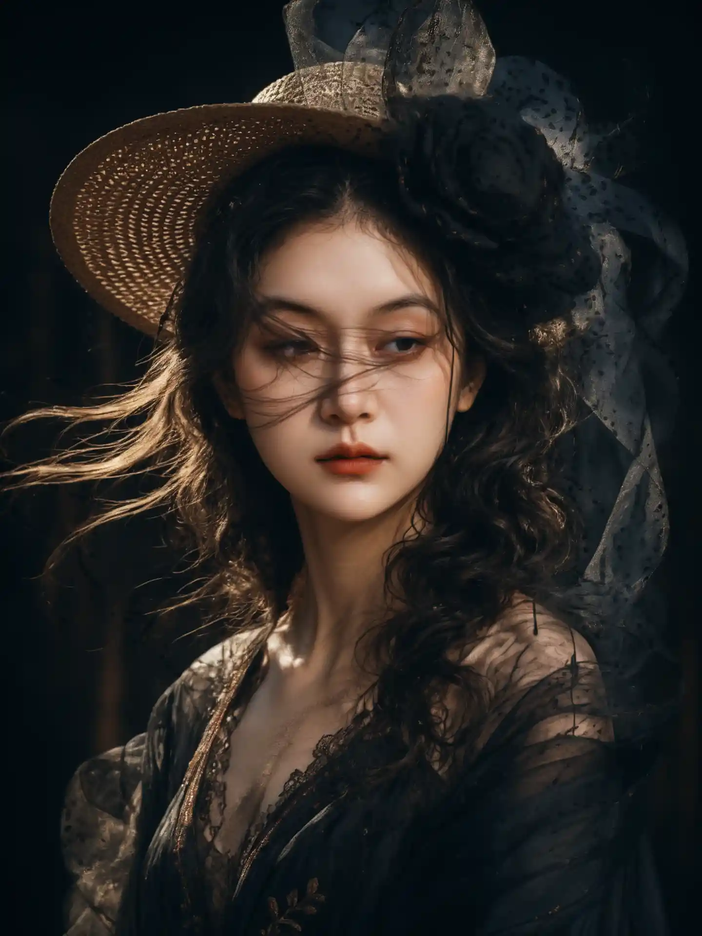 A veiled woman in a woven traveler hat looks down through dramatic shadows