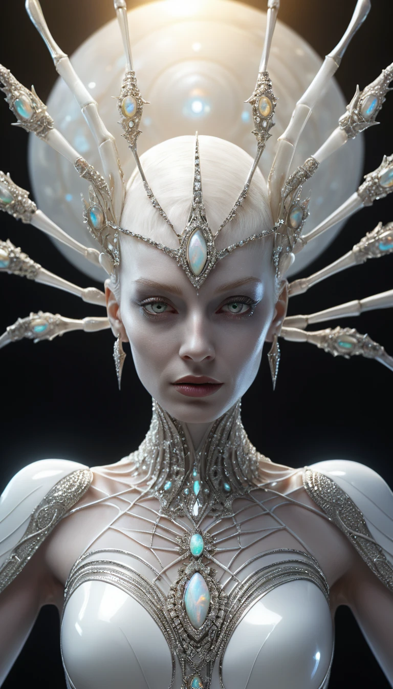 A queen of white spiders wears a diamond crown above white sands