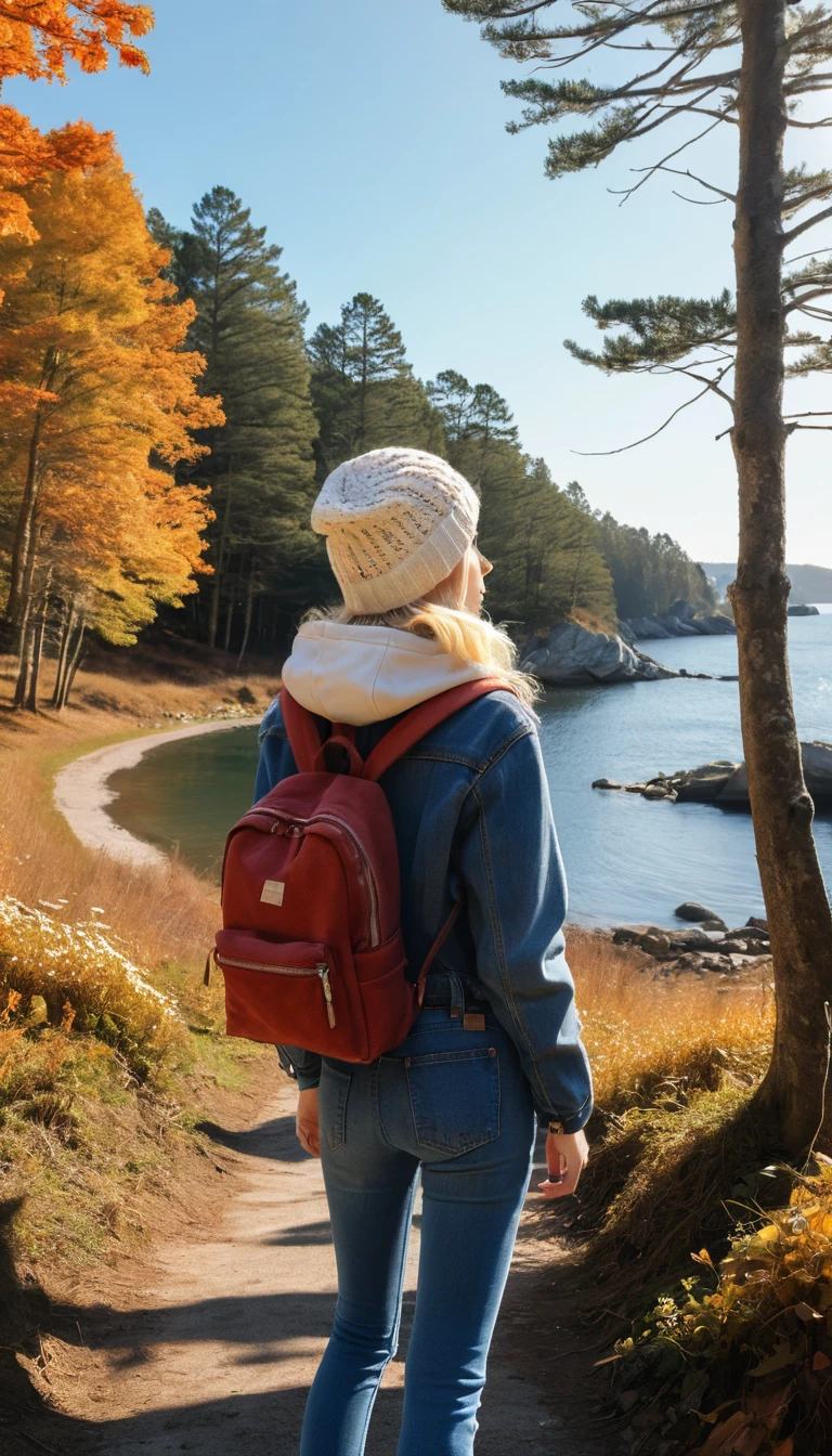 Blonde Anime Girl Pauses in an Autumn Forest with a Transparent Backpack