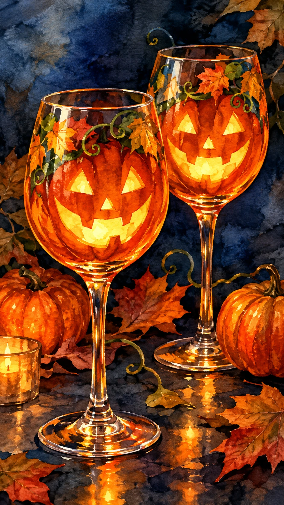 Leuchtende Kürbisse und Weingläser, umgeben von Herbstlaub und gewundenen Ranken