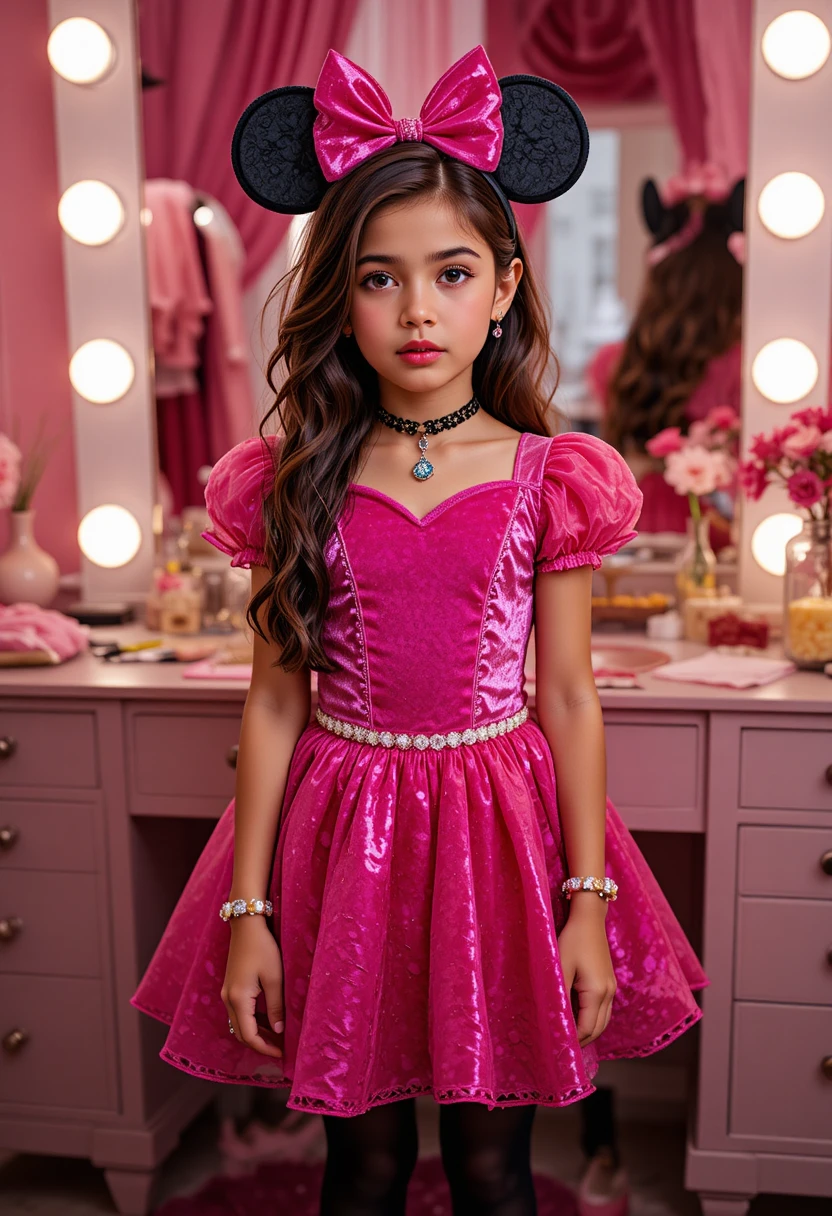 A tween boy pouts in a princess costume before a vanity