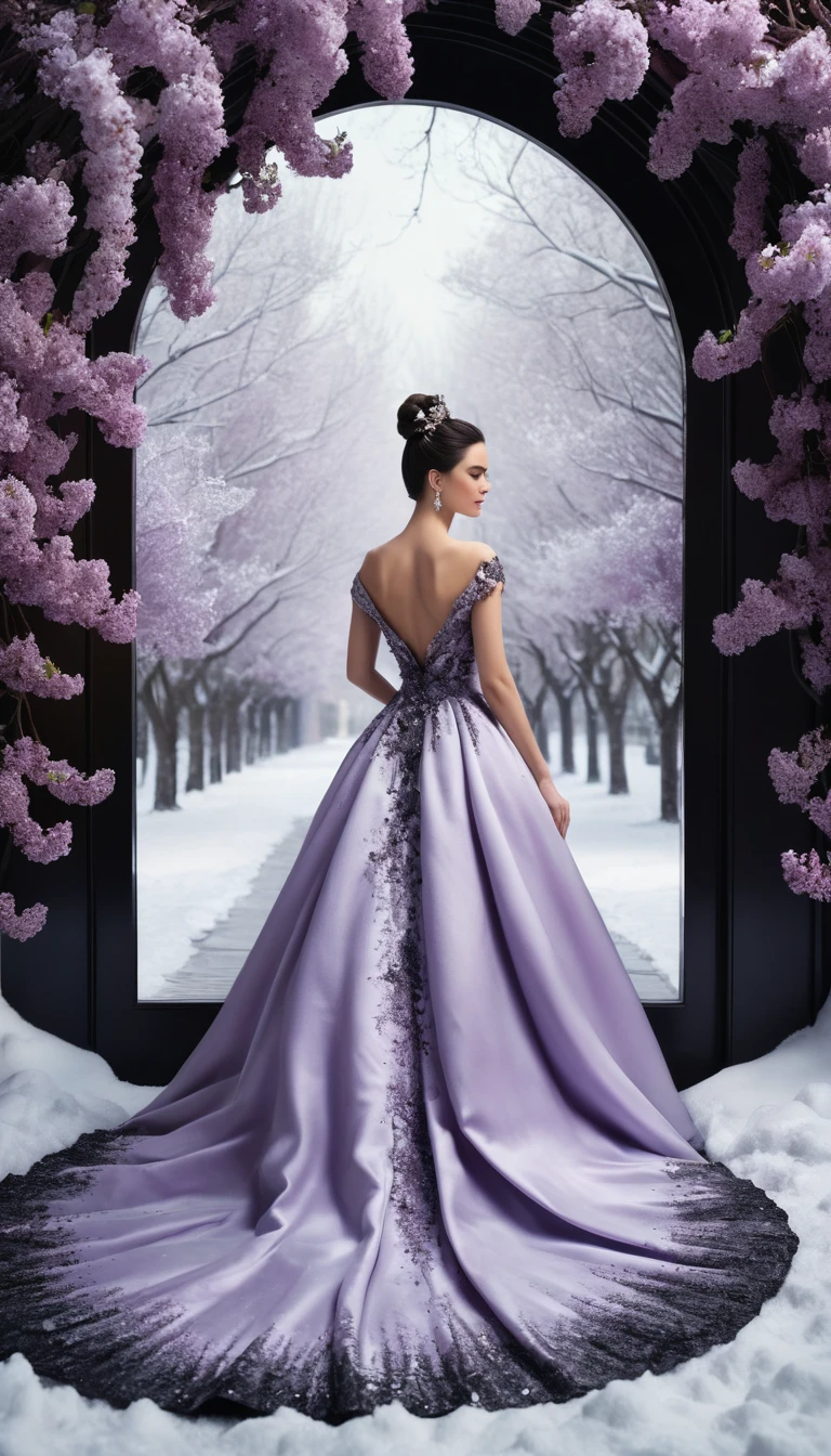 A full length portrait of an aristocratic woman among snowy lilacs