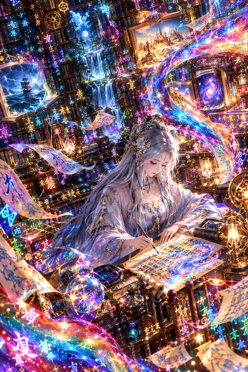 Una diosa anime de cabello plateado escribe en una antigua biblioteca