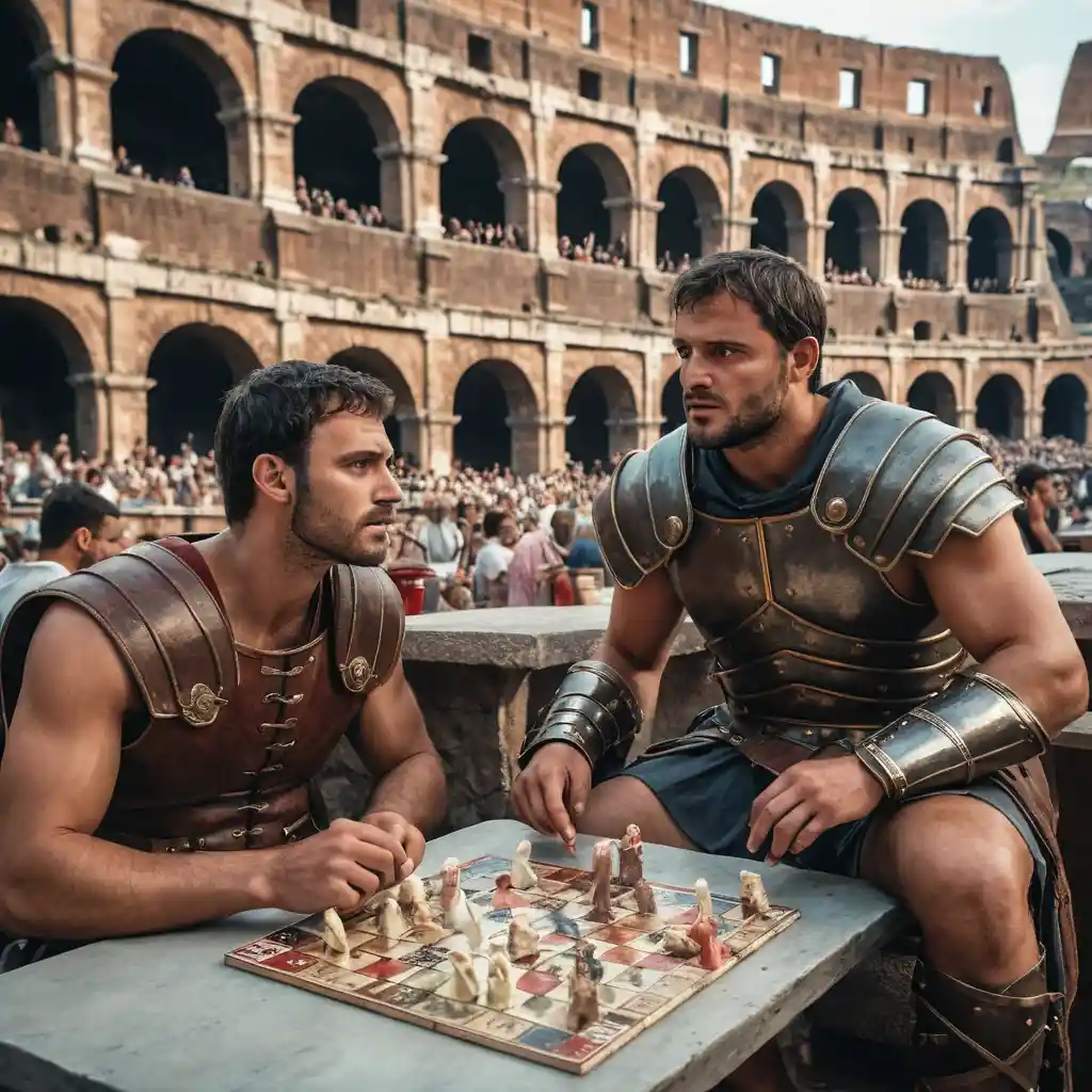 A Man and Roman Gladiator Face Off Over a Board Game