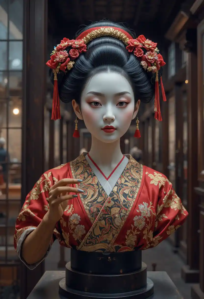 A Japanese Bunraku Puppet Bust in a Museum Case