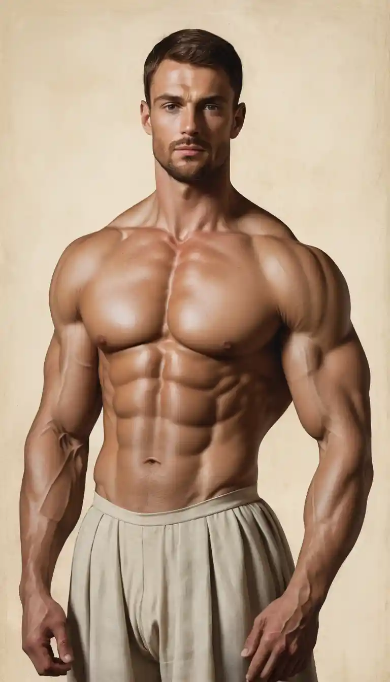 Un hombre musculoso en una pintura renacentista de medio cuerpo de la Inglaterra rural